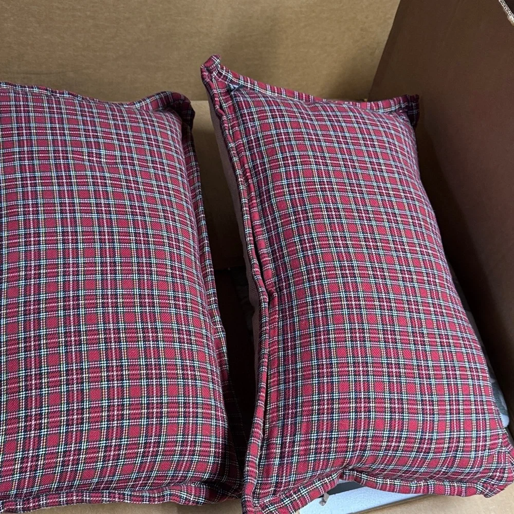 Holiday 'Merry' and 'Joy' Decorative Burlap Throw Pillows with Red Plaid Trim